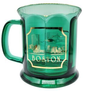 Vtg Culver Boston City Skyline Green Gold Glass Mug with "BOSTON" Made in USA